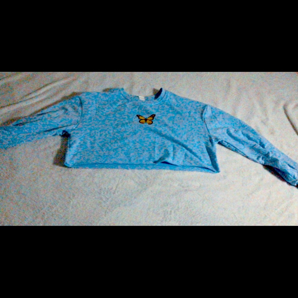 Blue butterfly long sleeve crop top